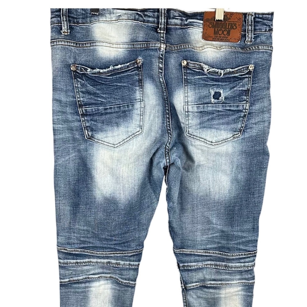 Smugglers Moon Mens Moto Biker Jeans Distressed Patched Blue Denim 38/32